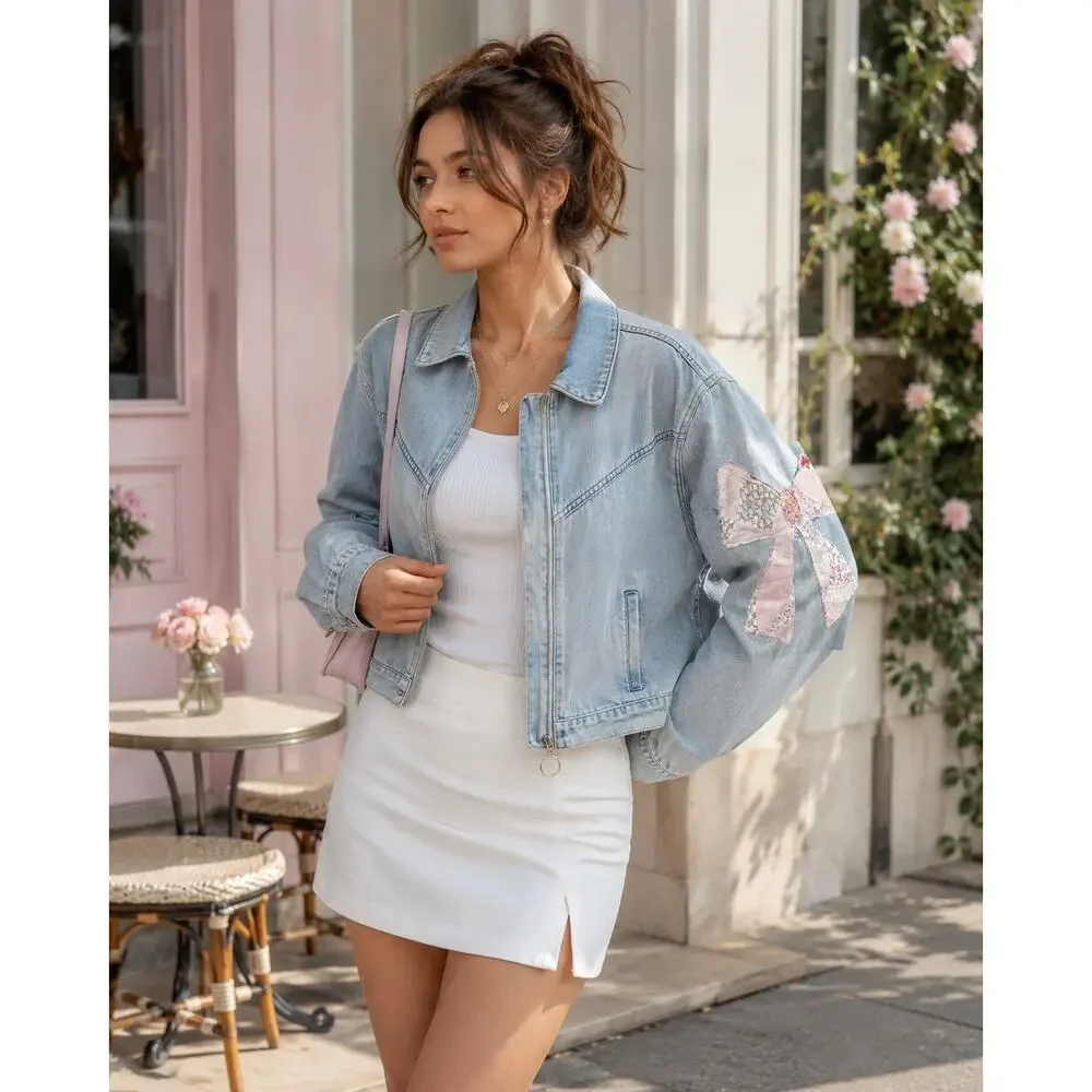 Denim Jacket Women‎ Large Cropped Bow Embroidered Applique Coquette Light Wash